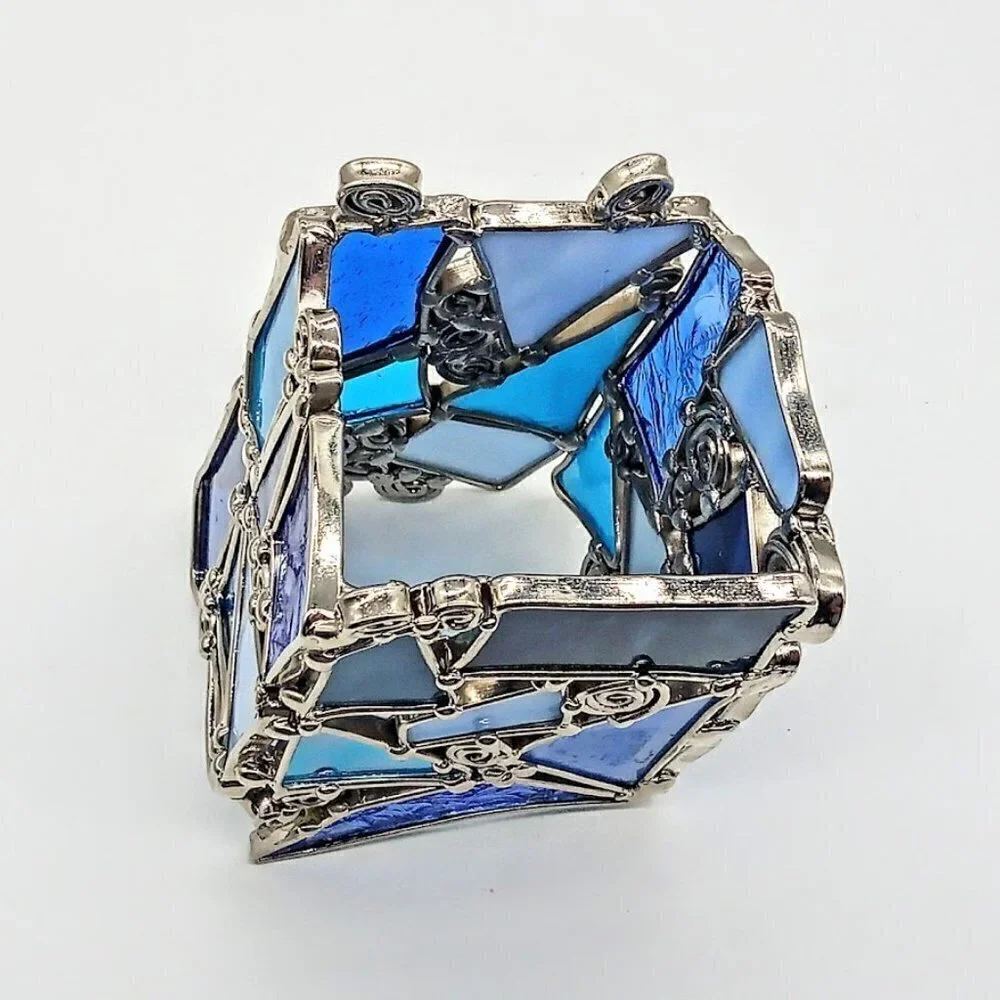 Blue Stained Glass Silver Swirl Candle Holder